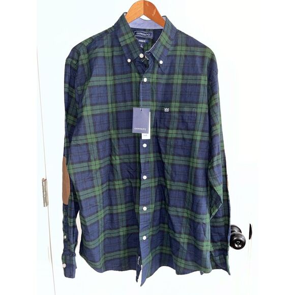New Crown and Ivy Classic Fit‎ Green Blue Plaid Light Flannel Shirt Mens L - Picture 2 of 9